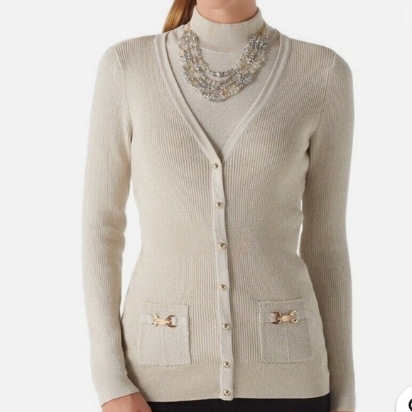 White House Black Market Gold Shimmer Longline Boyfriend Cardigan Sweater NWOT - Picture 1 of 15